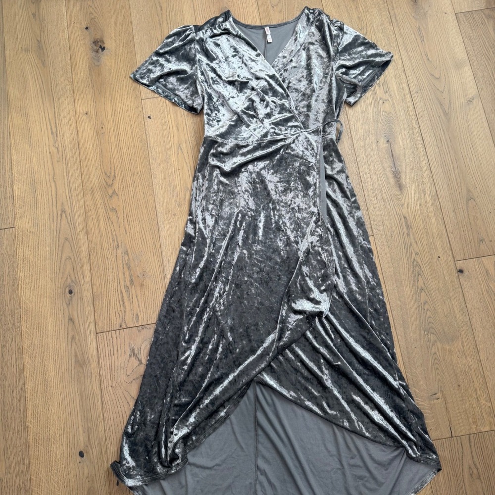 Silver Wrap Dress Women‎ XXL Gray Velvet Flutter Sleeve Maxi Asymmetric